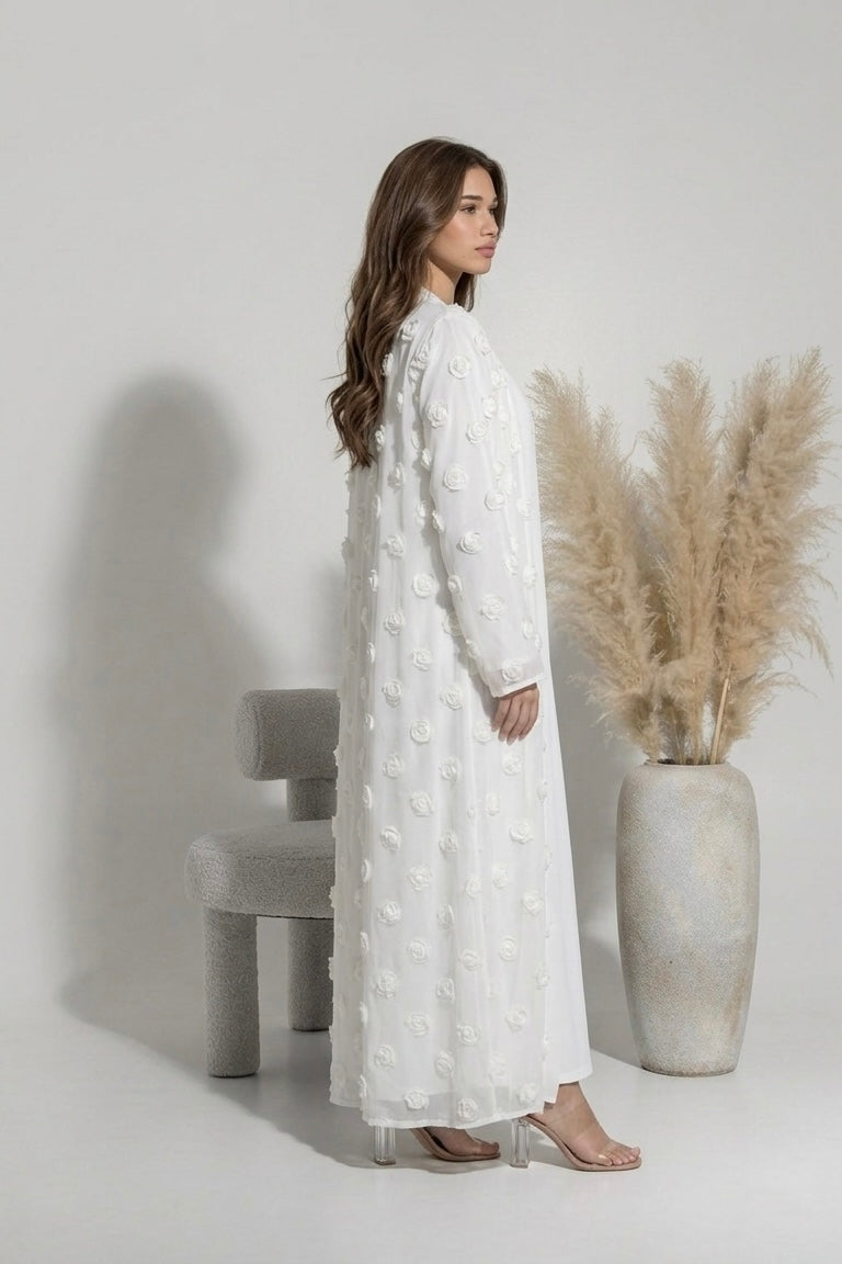 Abaya brodé à fleurs - blanche