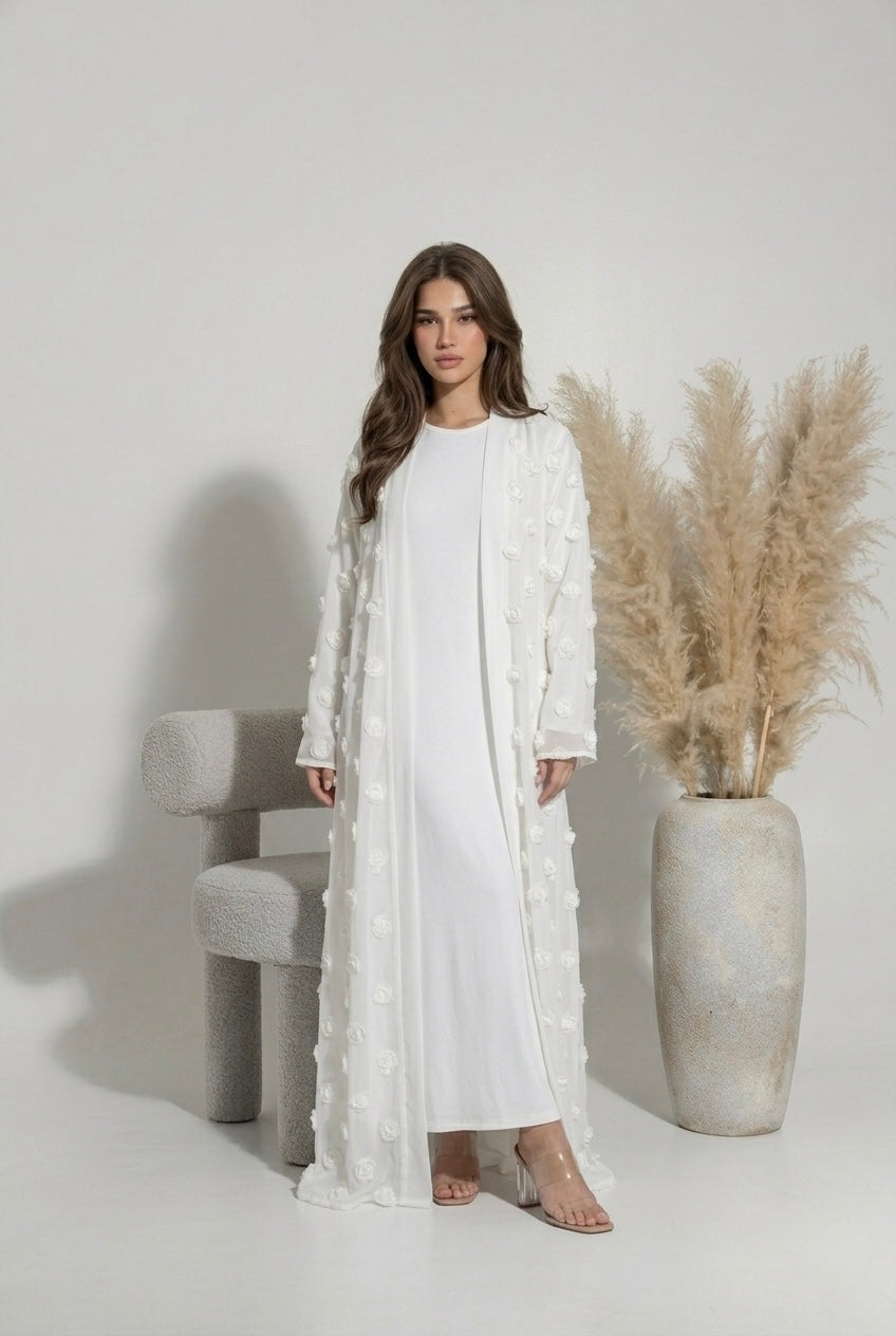 Abaya brodé à fleurs - blanche