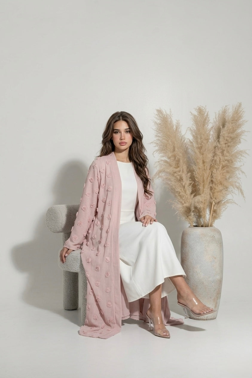 Abaya brodé à fleurs - Rose